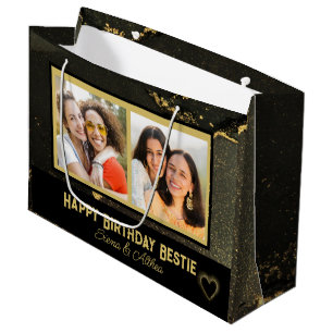 Modern Best Friend Black and Gold Photo Birthday Large Gift Bag