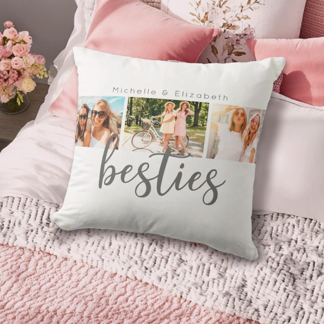Modern Best Friends Besties Photo Collage Cushion (A simple cute 3 photo besties, best friend pillow. Personalize it with your favorite photos.)