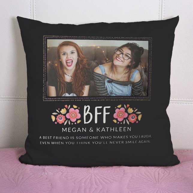 Modern Best Friends Besties Photo Throw Pillow (A cute BFF best friends photo pillow. Personalize it with your names and a short message.)