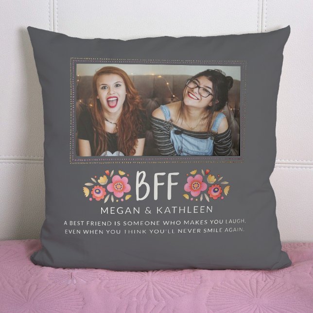 Modern Best Friends Besties Photo Throw Pillow (A pretty BFF best friend photo pillow. Personalize it with your photo, names and a short message.)