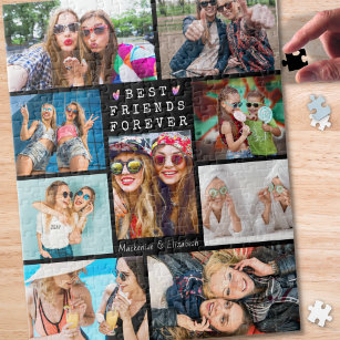 Modern BEST FRIENDS FOREVER 9 Photo Collage Black Jigsaw Puzzle