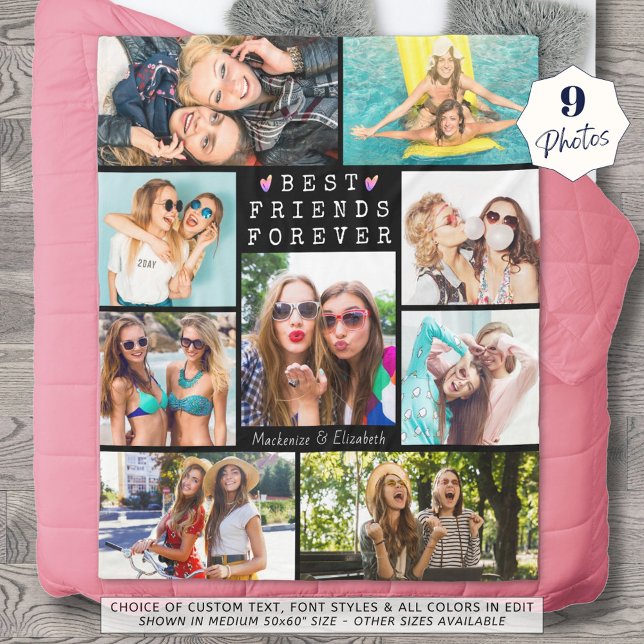 Modern BEST FRIENDS FOREVER 9 Photo Collage Names Fleece Blanket (Creator Uploaded)
