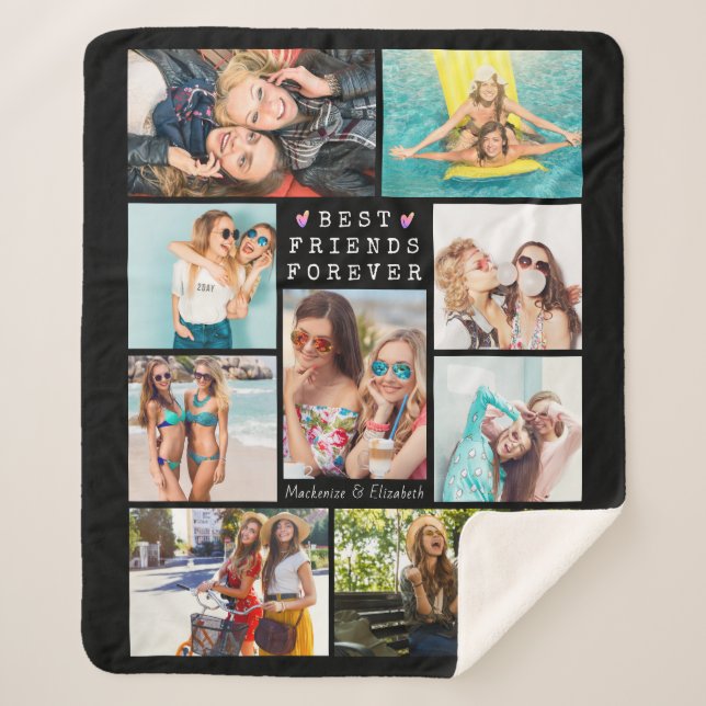 Modern BEST FRIENDS FOREVER 9 Photo Personalised Sherpa Blanket (Front)