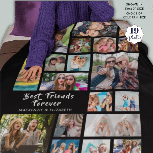 Modern BEST FRIENDS FOREVER Photo Collage Black Fleece Blanket (Creator Uploaded)