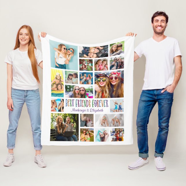 Modern BEST FRIENDS FOREVER Photo Collage Colourfu Fleece Blanket (In Situ)