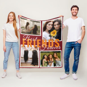 Modern BEST FRIENDS FOREVER Photo Collage Red Fleece Blanket