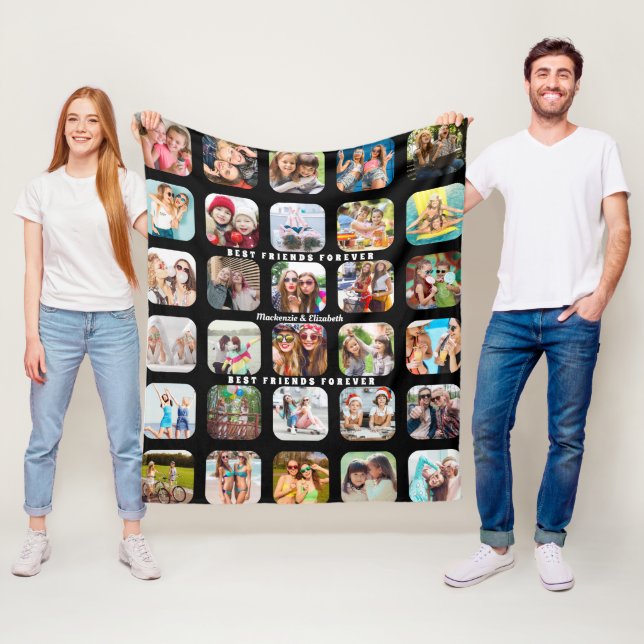 Modern Best Friends Photo Collage Black MEDIUM Fleece Blanket (In Situ)