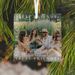Modern Best Friends Photo & Name/s | Bestie Glass  Glass Tree Decoration<br><div class="desc">Commemorate a friendship with this elegant bestie photo glass ornament. Design features a picture of your choice,  framed with white typography 'BEST FRIENDS' with cute little heart spacers and name/s. Makes the perfect keepsake gift for birthdays,  christmas or just because! All text is easily customised.</div>