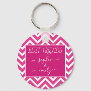 Modern Best Friends Script Name Pink Chevron Key Ring