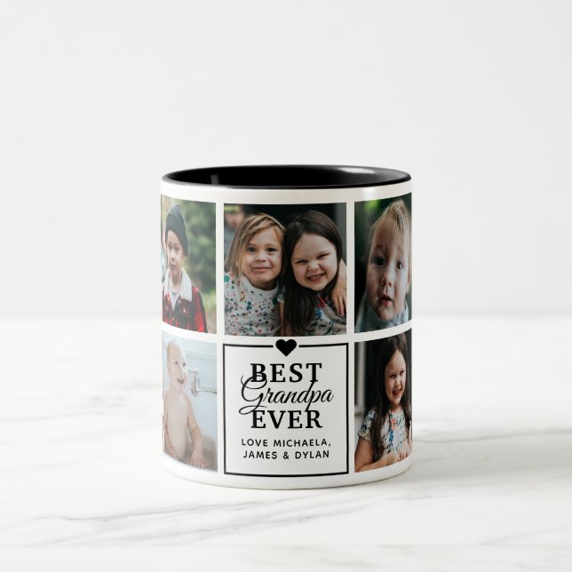 Modern Best Grandpa Ever 7-Photo Collage & Names Two-Tone Coffee Mug (Center)
