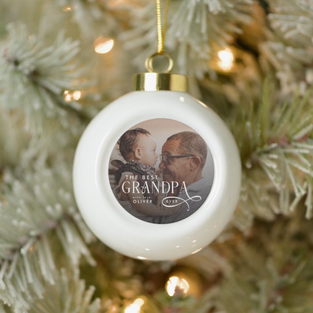 Modern Best GrandPa Ever Photo Personalized Ceramic Ball Christmas Ornament (Tree)
