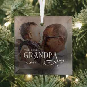 Modern Best GrandPa Ever Photo Personalized Glass Tree Decoration