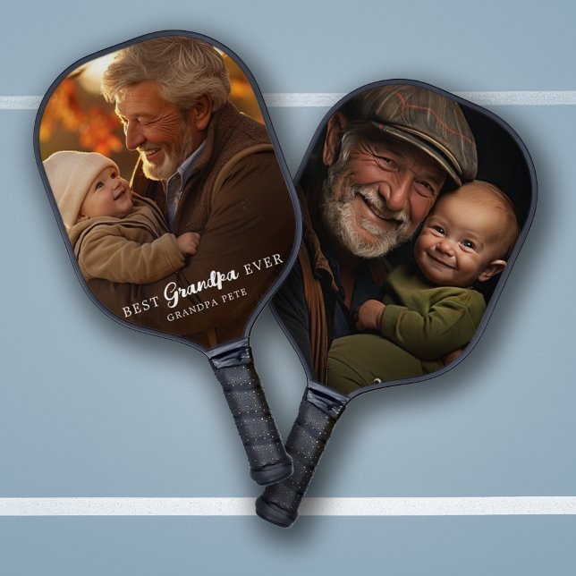Modern Best Grandpa or Grandparent Photo Pickleball Paddle (2 Photo Modern Best Grandpa (Papa, Grandfather, etc.) Ever Pickleball Paddle)