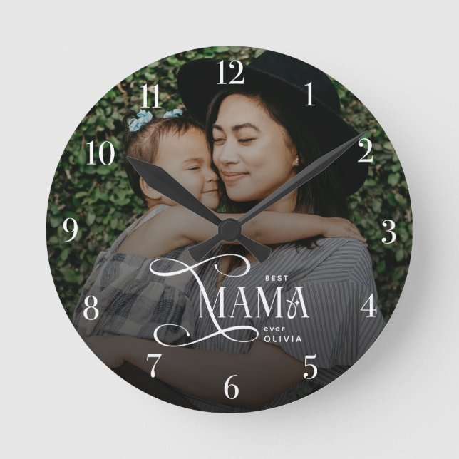 Modern Best Mama Ever Photo Mothers Day Gifts Round Clock (Front)
