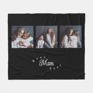 Modern Best Mom Ever Elegant Script Black 3 Photo Fleece Blanket