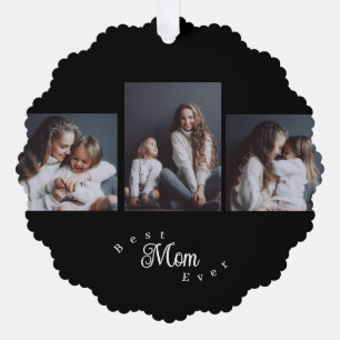 Modern Best Mom Ever Elegant Script Black 3 Photo Tree Decoration Card