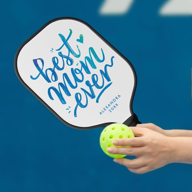 Modern Best Mum Ever Blue And White Brush Script  Pickleball Paddle (Creator Uploaded)