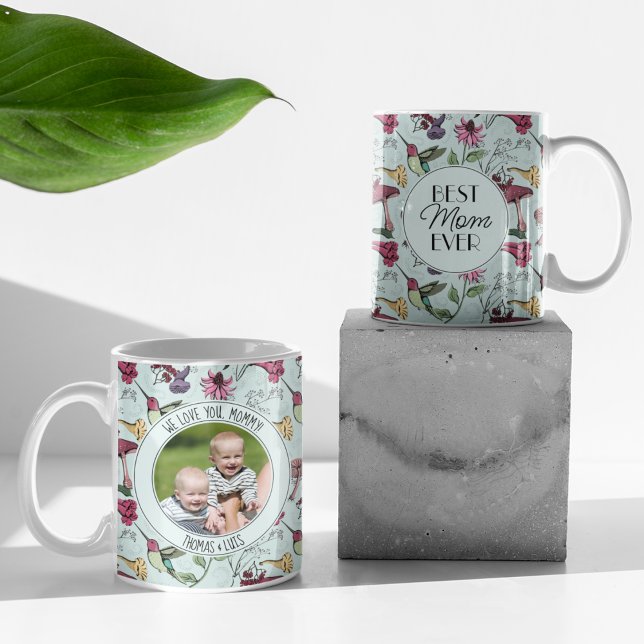 Modern Best Mum Ever Mint Floral Hummingbird Coffee Mug (Chic Mint Mug with Hand-Drawn Hummingbird, Flowers & Mushrooms. Custom Photo & 2 Personalized Texts.)