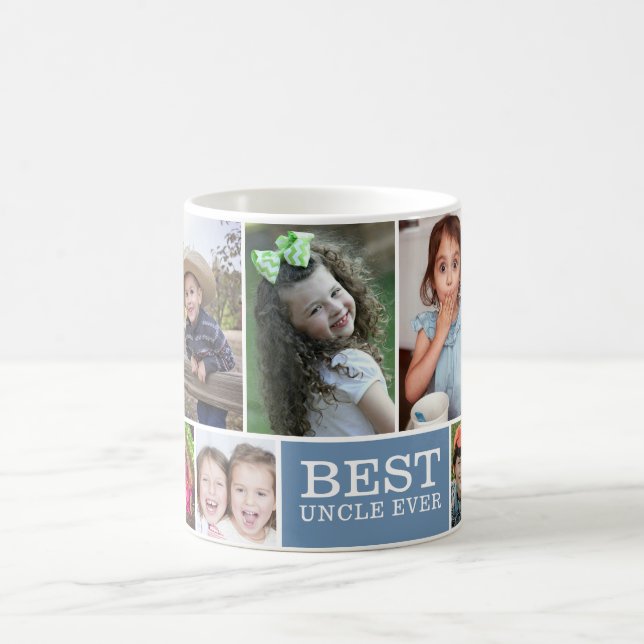 Modern Best Uncle Ever 10 Photo Collage Blue  Coffee Mug (Center)