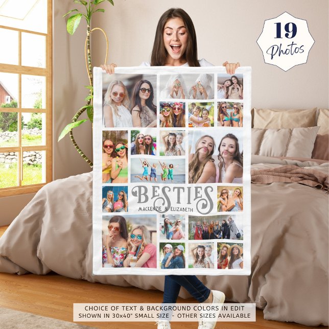 Modern BESTIES 19 Photo Collage Custom Colours Fleece Blanket (Creator Uploaded)