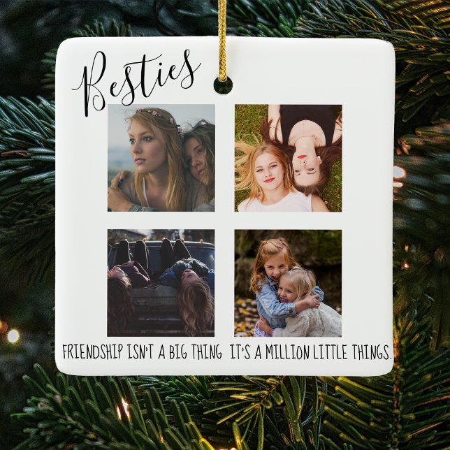 Modern | Besties | 4 Photo Christmas Tree Ceramic Ornament (Creator Uploaded)