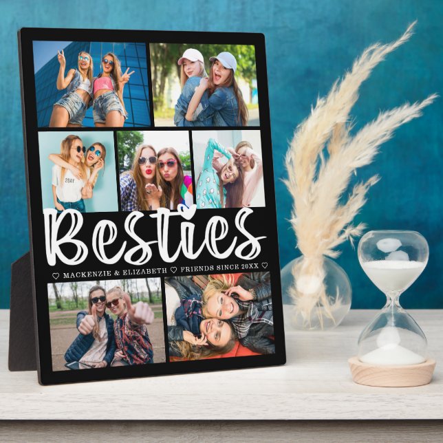 Modern BESTIES 7 Photo Collage Black Personalised Plaque (Side)