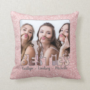Modern BESTIES Rose Gold Glitter Photo Word Cushion