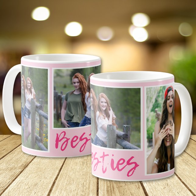 Modern Besties Typography 3 Photo Collage Pink Coffee Mug (Creator Uploaded)