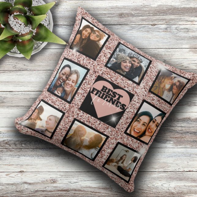 Modern BFF Photo Collage Rose Gold Glitter Heart Cushion (Creator Uploaded)