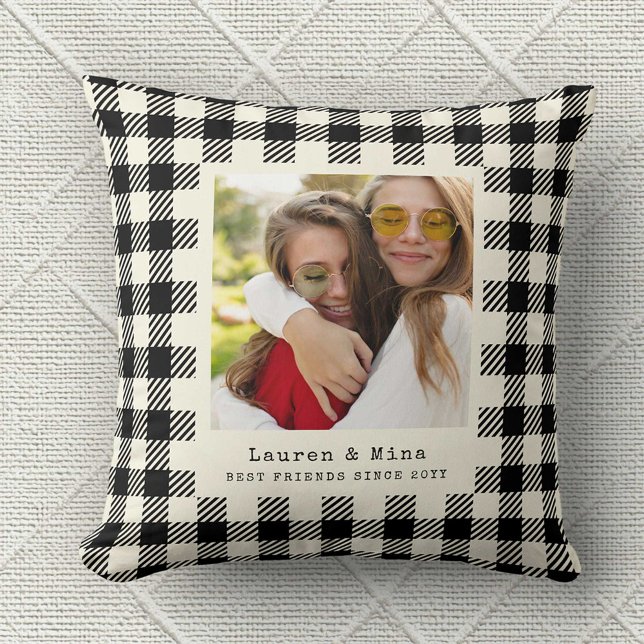 Modern BFF Photo Plaid Friendship Best Friend Cushion (Creator Uploaded)