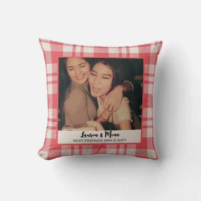 Modern BFF Photo Plaid Friendship Best Friend Cushion (Front)