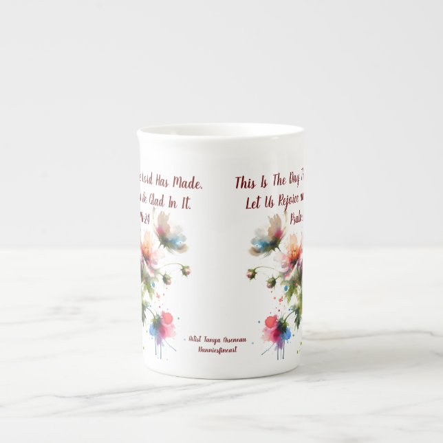 Modern Bible Verse Pink-Violet Floral Bone China Mug (Front)