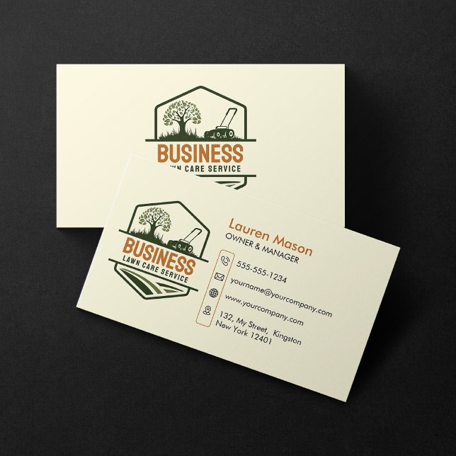 Modern Biege Green Brown Lawn Care Mow Landscaping Business Card (Creator Uploaded)