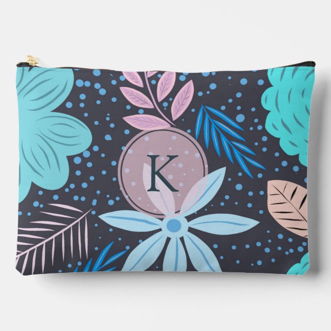 Modern Big Blue Flower Pattern Pink Monogram Accessory Pouch (Front)