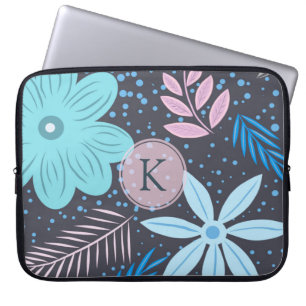 Modern Big Blue Flower Pattern Pink Monogram Laptop Sleeve
