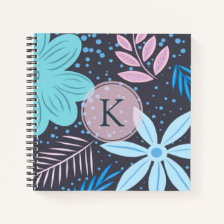 Modern Big Blue Flower Pattern Pink Monogram Notebook