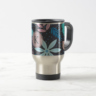 Modern Big Blue Flower Pattern Pink Monogram Travel Mug