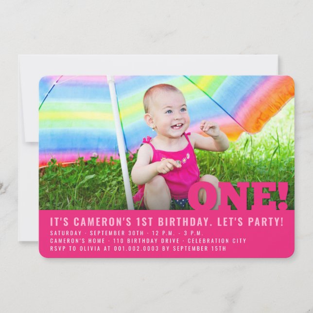 Modern Big ONE Baby Girl First Birthday Party Invitation (Front)