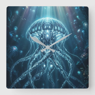 "Modern Bioluminescent Jellyfish Deep Sea Wall Clo Square Wall Clock