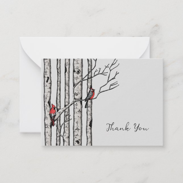 Modern Birch Trees and Red Birds Thank You Card (Front)