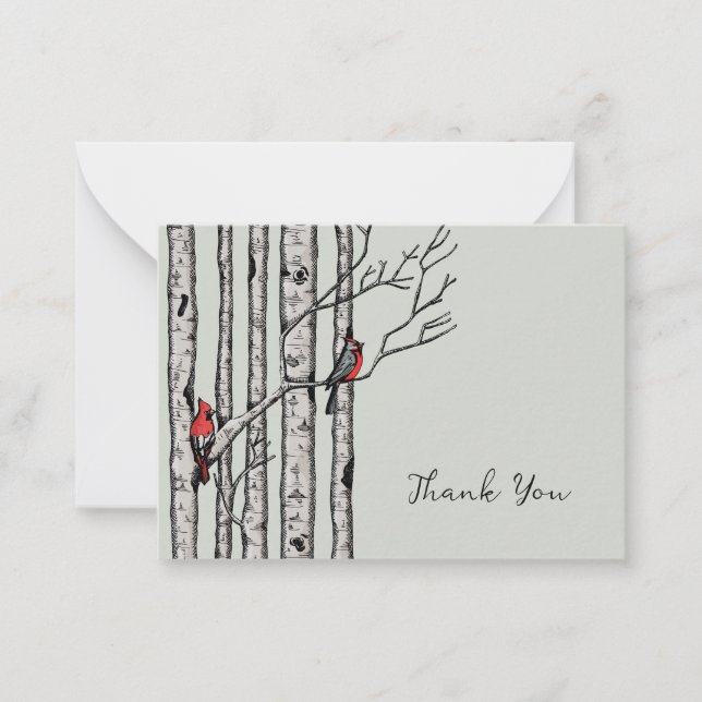 Modern Birch Trees and Red Birds Thank You Card (Front)