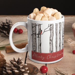 Modern Birch Trees and Red Cardinal Birds Two-Tone Coffee Mug