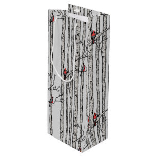 Modern Birch Trees and Red Cardinal Birds Wine Gift Bag