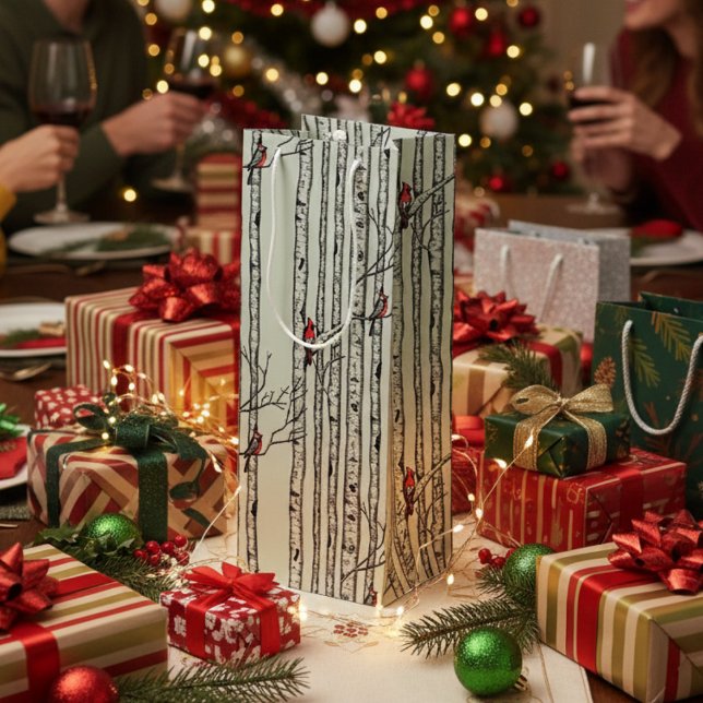 Modern Birch Trees and Red Cardinal Birds Wine Gift Bag (Festive Merry Christmas Rustic Birch Trees & Red Cardinal Birds Winter Wine Gift Bag in Sage.)