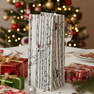 Modern Birch Trees and Red Cardinal Birds Wine Gift Bag