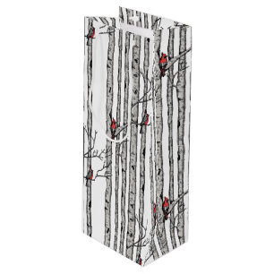 Modern Birch Trees and Red Cardinal Birds Wine Gift Bag