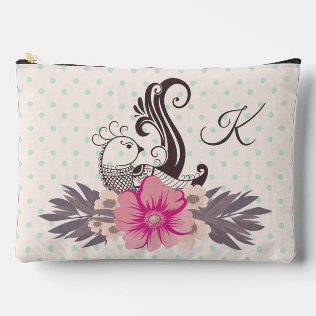 Modern Bird and Flora Dotty Monogrammed Accessory Pouch (Front)