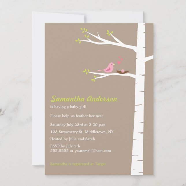 Modern Bird Birch Baby Shower Invitation - Girl (Front)