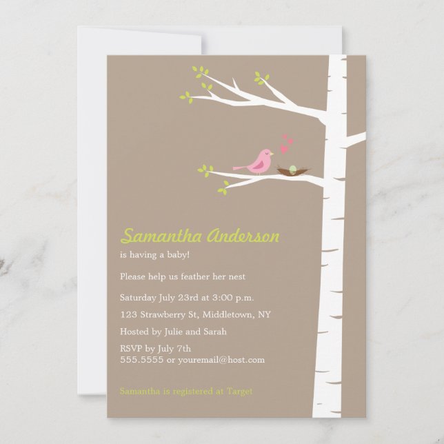 Modern Bird Birch Baby Shower Invitation Neutral (Front)