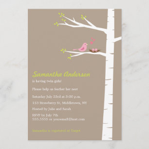 Modern Bird Birch Baby Shower Invitation Twin Girl